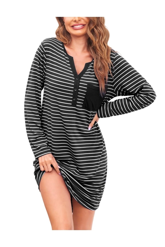 Women's Nightshirt Long Sleeve Button Down Nightgown V-Neck Sleepwear Pajama Dress