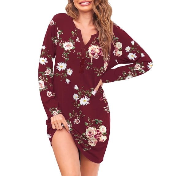 Ekouaer Women's Nightshirt Long Sleeve Button Down Nightgown V-Neck Sleepwear Pajama Dress