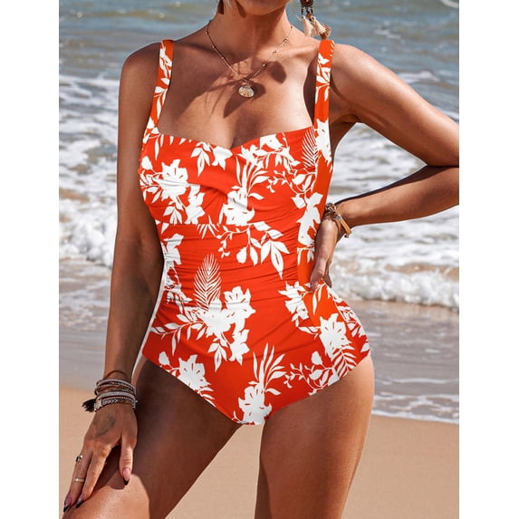 Ekouaer Women's One Piece Swimsuit Ruched Tummy Control Bathing Suits Vintage Retro Push Up Swimwear