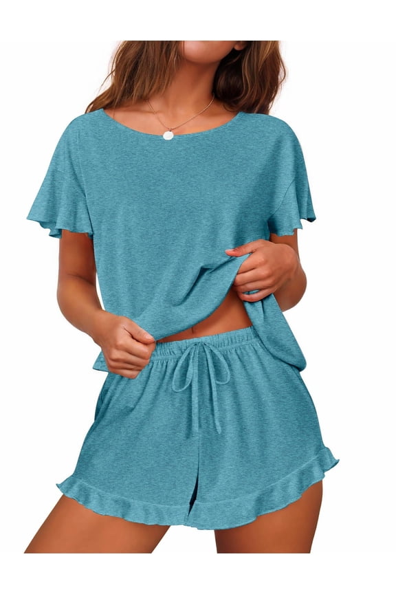 Women's Pajama Set Ruffle Sleeves Top and Short Soft 2 Piece Loungewear Set