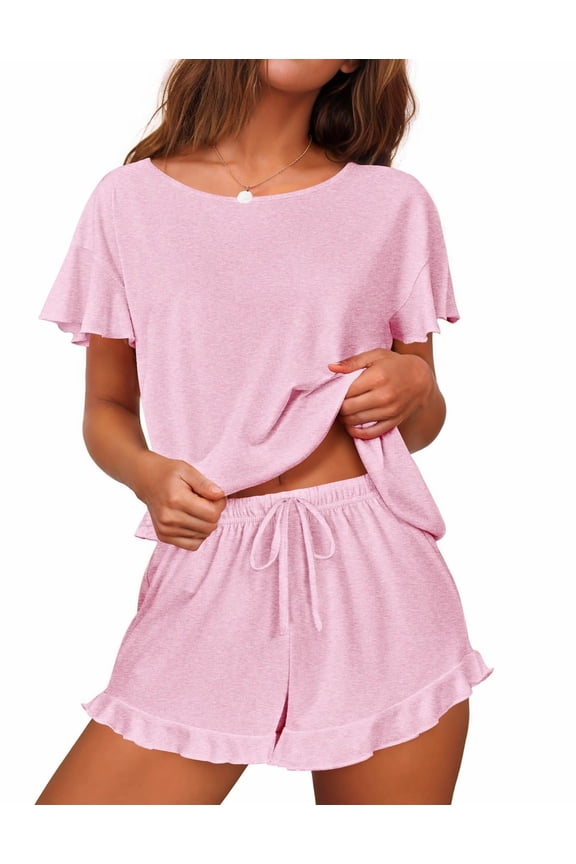Women's Pajama Set Ruffle Sleeves Top and Short Soft 2 Piece Loungewear Set