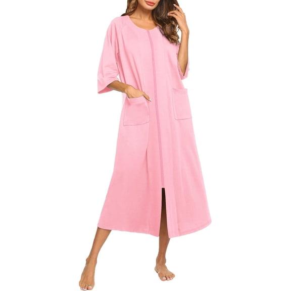 Ekouaer Women's Pajama Sets Robe for Women Zipper Front Robes 3/4 Sleeve House Dress with Pockets Full Length Nightgown Housecoat