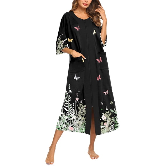 Ekouaer Women's Pajama Sets Robe for Women Zipper Front Robes 3/4 Sleeve House Dress with Pockets Full Length Nightgown Housecoat