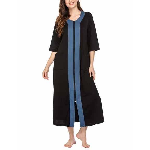 Ekouaer Women's Pajama Sets Robe for Women Zipper Front Robes 3/4 Sleeve House Dress with Pockets Full Length Nightgown Housecoat