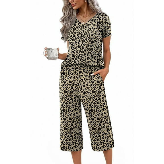 Ekouaer Women's Pajama Sets Short Sleeve Sleepwear Button Up 2 Piece Pj Loungewear Top and Capri Pants