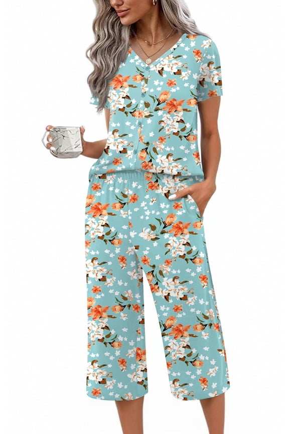 Women's Pajama Sets Short Sleeve Sleepwear Button Up 2 Piece Pj Loungewear Top and Capri Pants