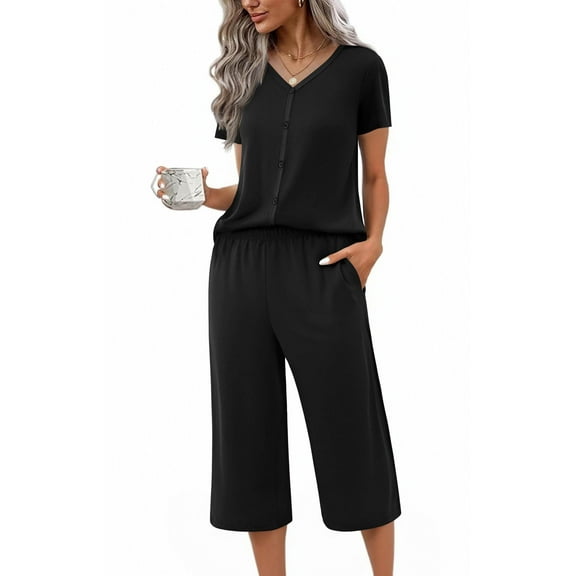 Ekouaer Women's Pajama Sets Short Sleeve Sleepwear Button Up 2 Piece Pj Loungewear Top and Capri Pants Black