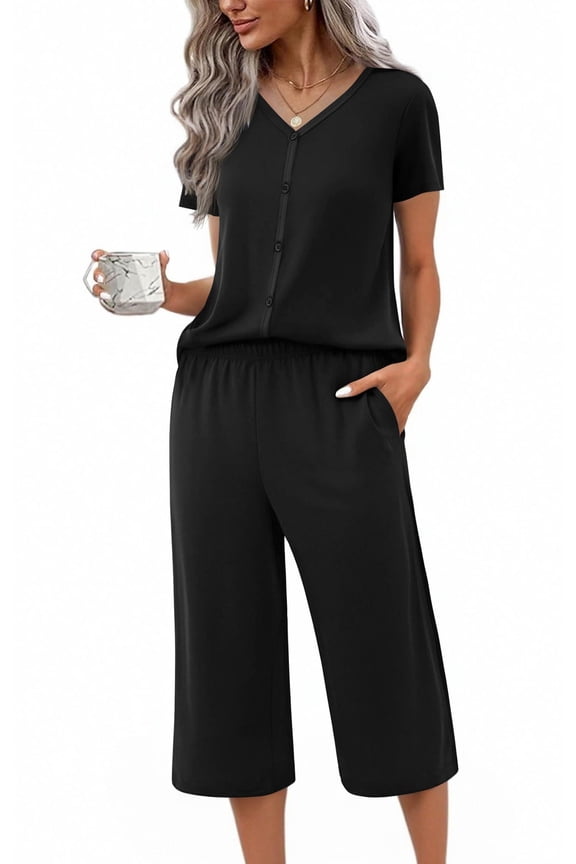 Women's Pajama Sets Short Sleeve Sleepwear Button Up 2 Piece Pj Loungewear Top and Capri Pants Black