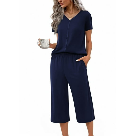 Ekouaer Women's Pajama Sets Short Sleeve Sleepwear Button Up 2 Piece Pj Loungewear Top and Capri Pants
