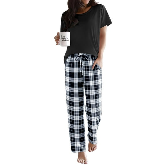 Ekouaer Pajama Sets for Women Round Neck Pjs Short Sleeve Sleepwear with Long Pants Loose Lounge Sets