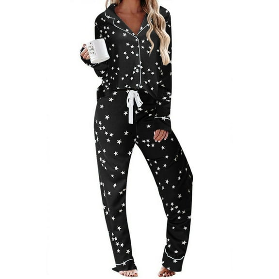 Ekouaer Comfy Pajamas for Women Soft Sleepwear Stars Above Long Sleeve Pjs Set Sleeping Clothes