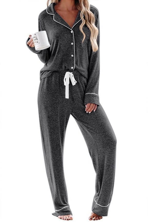 Two Piece Sleepwear Set Women's Buttons Long Sleep Shirts with Long Pants Soft Pjs Loungewear