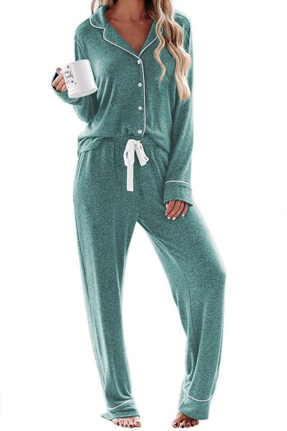 Women's Casual Lounge Set Plus Size Soft Cotton Long Sleeve Pajamas with Pockets Sleepwear Set
