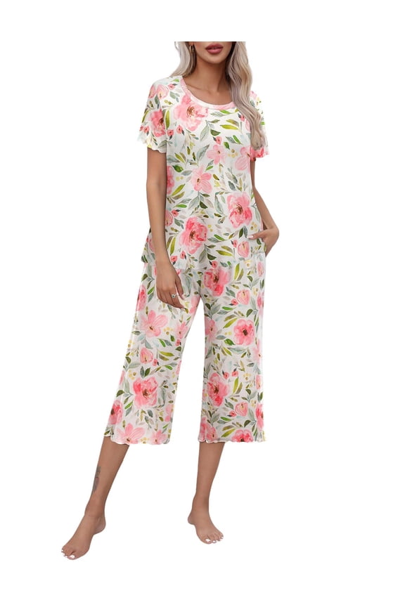 Women's Pajamas Set Short Sleeve Top With Capri Pants Pjs Lounge & Sleepwear Set