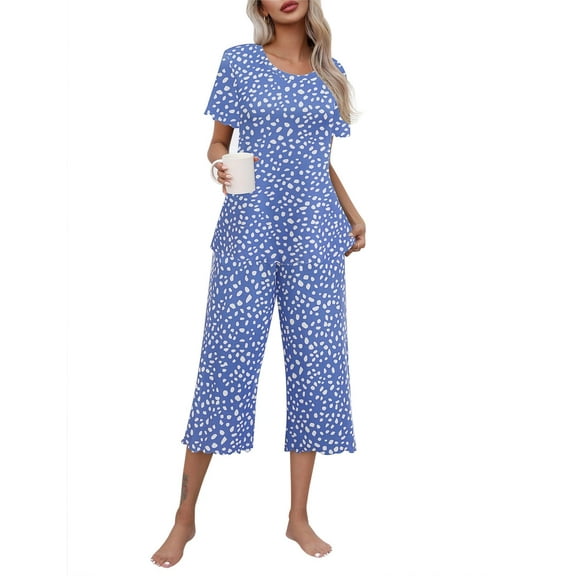 Ekouaer Women's Pajamas Set Short Sleeve Top With Capri Pants Pjs Lounge & Sleepwear Set