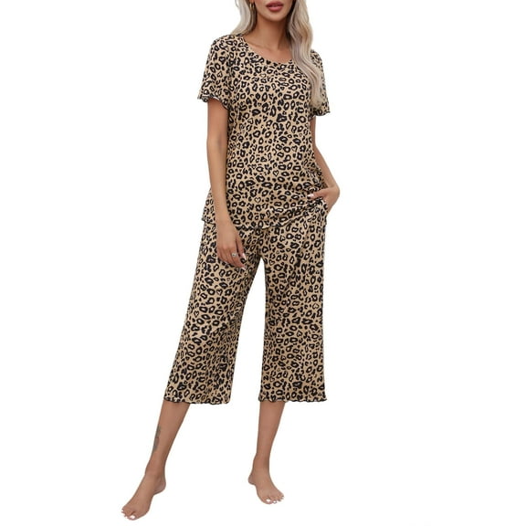 Ekouaer Women's Pajamas Set Short Sleeve Top With Capri Pants Pjs Lounge & Sleepwear Set