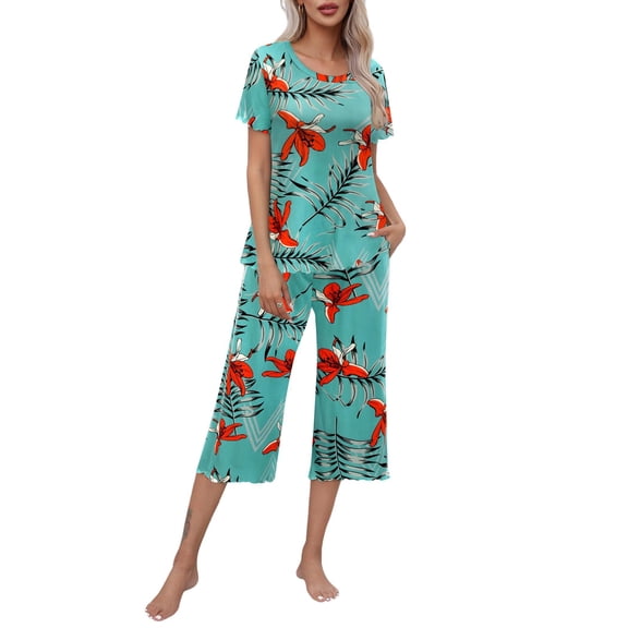 Ekouaer Women's Pajamas Set Short Sleeve Top With Capri Pants Pjs Lounge & Sleepwear Set