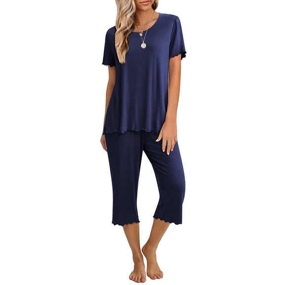 Ekouaer Women's Pajamas Set Short Sleeve Top With Capri Pants Pjs Lounge & Sleepwear Set