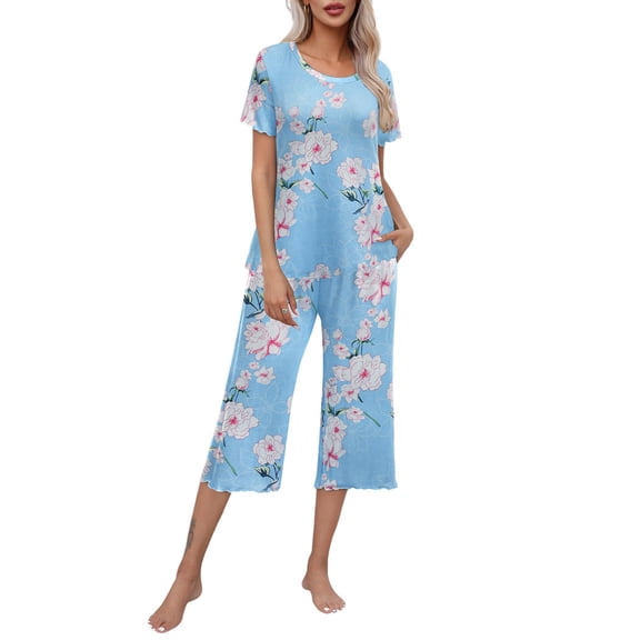 Ekouaer Women's Pajamas Set Short Sleeve Top With Capri Pants Pjs Lounge & Sleepwear Set