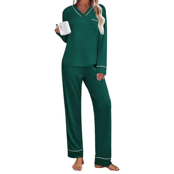 Ekouaer Women's Pajamas Sets 2 piece PJs V Neck Long Sleeve Sleepwear Comfy Pants Loungewear with Pocket