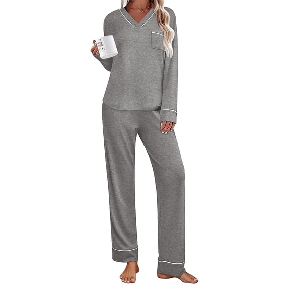 Ekouaer Women's Pajamas Sets 2 piece PJs V Neck Long Sleeve Sleepwear Comfy Pants Loungewear with Pocket