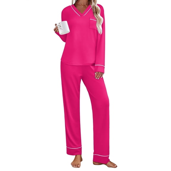 Ekouaer Women's Pajamas Sets 2 piece PJs V Neck Long Sleeve Sleepwear Comfy Pants Loungewear with Pocket