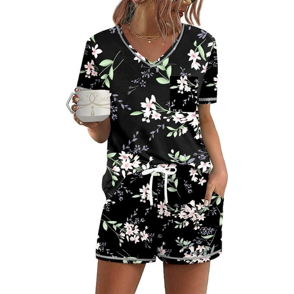 Ekouaer Women's Pajamas Sets Short Sleeve Lounge Sets Sleepwear Casual Two Piece Pjs With Pockets Floral Medium