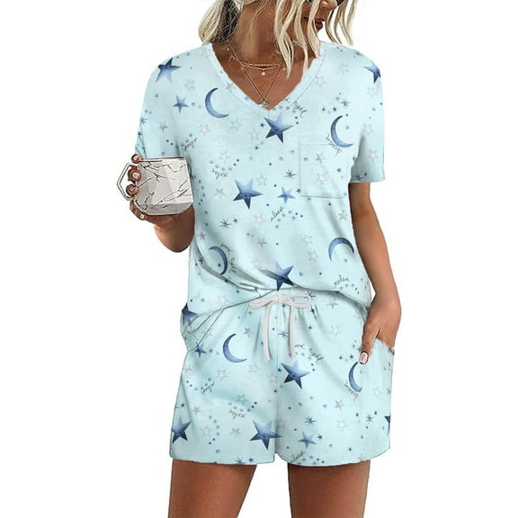 Ekouaer Women's Pajamas Sets Short Sleeve Lounge Sets Sleepwear Casual Two Piece Pjs With Pockets Star Moon Large