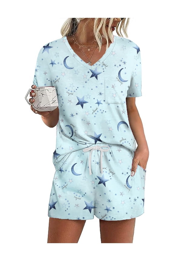 Women's Pajamas Sets Short Sleeve Lounge Sets Sleepwear Casual Two Piece Pjs With Pockets Star Moon Medium