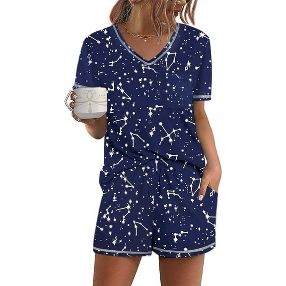 Ekouaer Women's Pajamas Sets Short Sleeve Lounge Sets Sleepwear Casual Two Piece Pjs With Pockets Star Print Medium