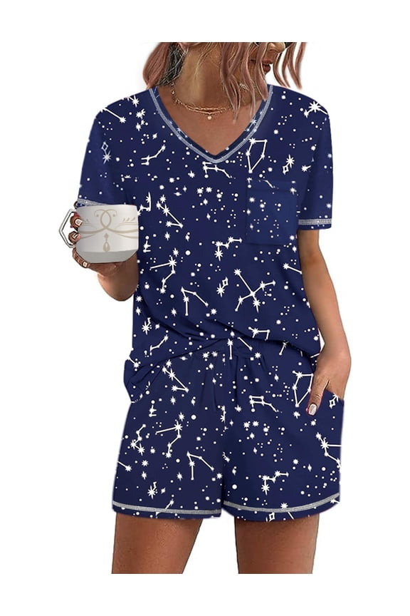 Women's Pajamas Sets Short Sleeve Lounge Sets Sleepwear Casual Two Piece Pjs With Pockets Star Print Small