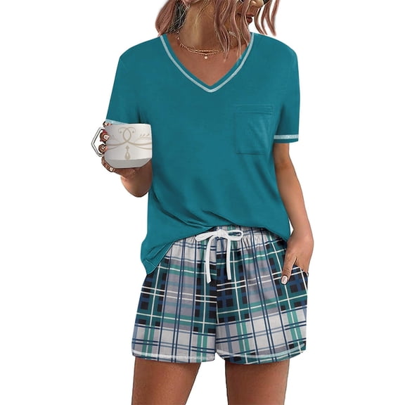 Ekouaer Women's Pajamas Sets Short Sleeve Lounge Sets Sleepwear Casual Two Piece Pjs With Pockets Plaid Print Medium