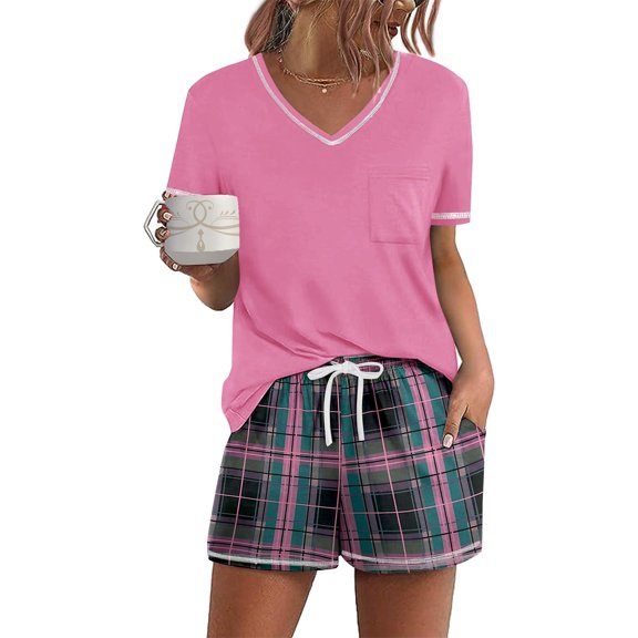Ekouaer Women's Pajamas Sets Short Sleeve Lounge Sets Sleepwear Casual Two Piece Pjs With Pockets Plaid Print