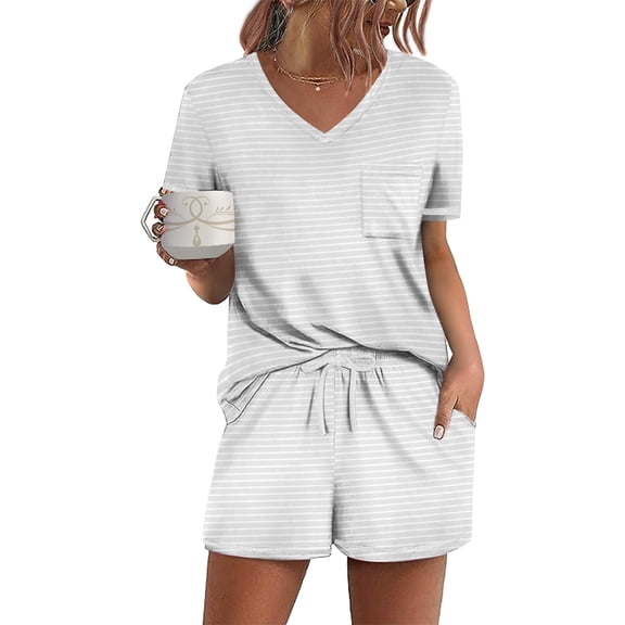 Ekouaer Women's Pajamas Sets Short Sleeve Lounge Sets Sleepwear Casual Two Piece Pjs With Pockets Stripe