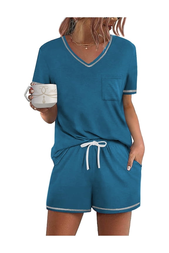 Women's Pajamas Sets Short Sleeve Lounge Sets Sleepwear Casual Two Piece Pjs With Pockets