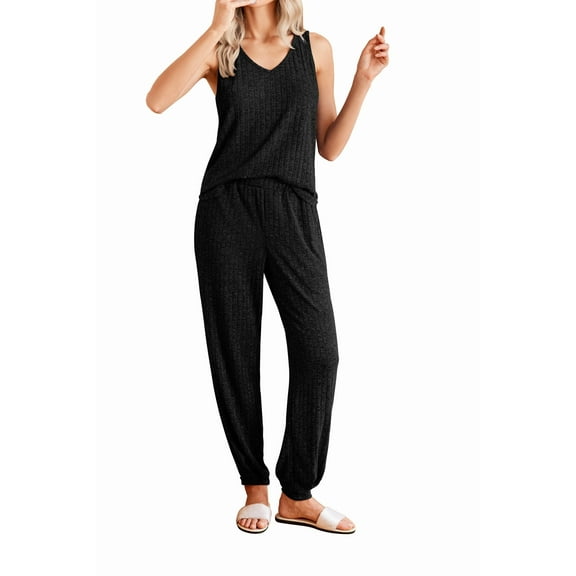 Ekouaer Women's Pajamas Sleeveless Summer Lounge Set Ribbed Knit Pj Loungewear Soft Tank Sleepwear Nightwear