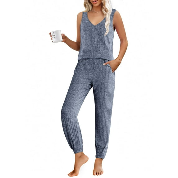 Ekouaer Women's Pajamas Sleeveless Summer Lounge Set Ribbed Knit Pj Loungewear Soft Tank Sleepwear Nightwear