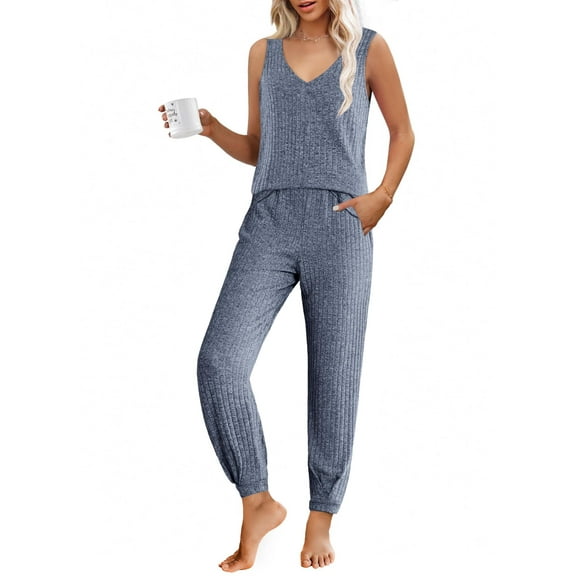 Ekouaer Women's Pajamas Sleeveless Summer Lounge Set Ribbed Knit Pj Loungewear Soft Tank Sleepwear Nightwear