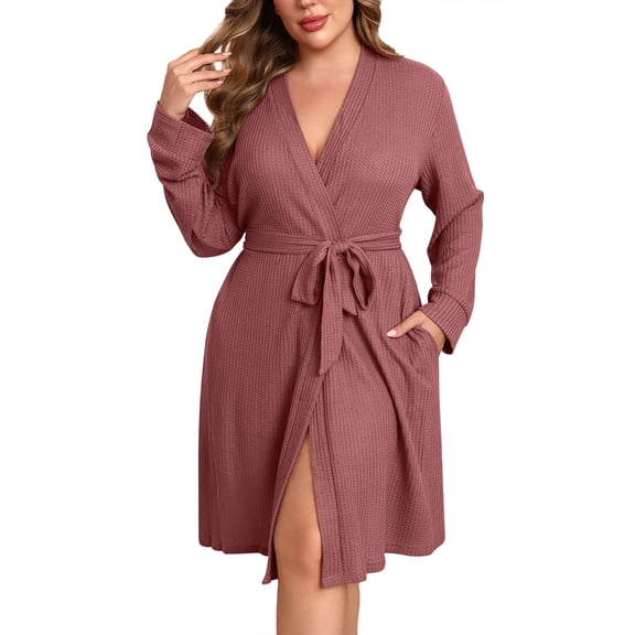 Ekouaer Women's Plus Size Robe Waffle Knit Bathrobe Short Lightweight Kimono Robes with Pockets Maternity Robe