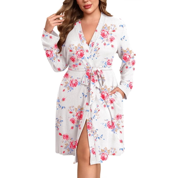 Ekouaer Women's Plus Size Robe Waffle Knit Bathrobe Short Lightweight Kimono Robes with Pockets Maternity Robe