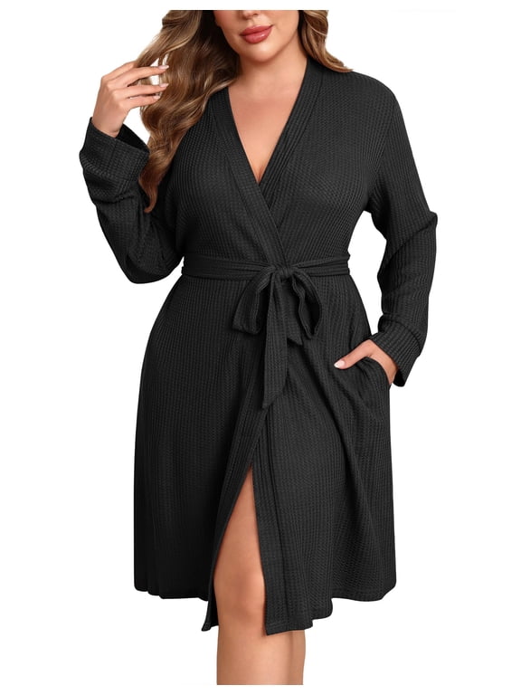 Women's Plus Size Robe Waffle Knit Bathrobe Short Lightweight Kimono Robes with Pockets Maternity Robe