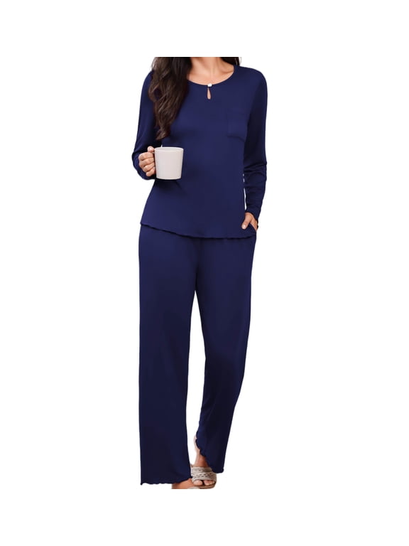 Womens 2 Piece Pajama Sets Long Sleeve Sleepwear Soft Lounge Sets with Pockets