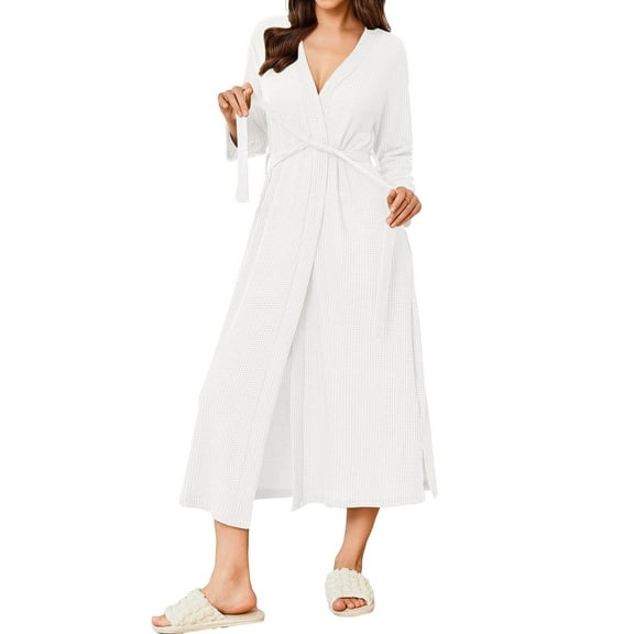 Ekouaer Women's Robe Long Waffle Knit Bathrobe Lightweight Soft Kimono Robes Loungewear