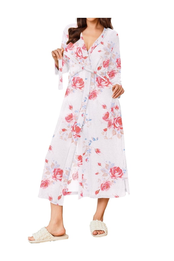 Women's Robe Long Waffle Knit Bathrobe Lightweight Soft Kimono Robes Loungewear