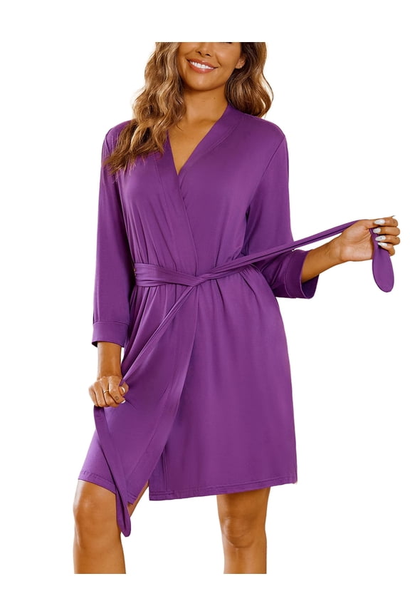 Women‘s Robes Lightweight 3/4 Sleeve Short Knit Bathrobe Soft Knee Length Sleepwear Robes with Pockets