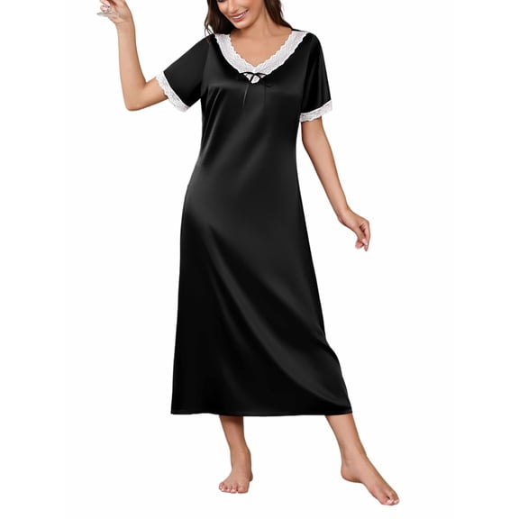 Ekouaer Women's Satin Nightgown with Lace Trim V-Neck Silk Sleep Dress Long Nightshirts with Bow Tie