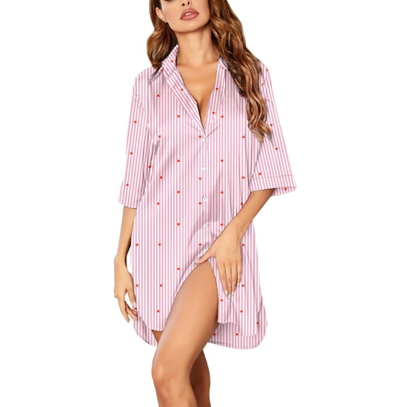 Ekouaer Women's Satin Nightshirt Button Down Sleepshirt Silk 3/4 Sleeve Nightgown Boyfriend Notch Collar Sleepwear