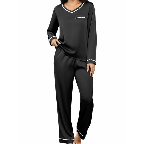 Ekouaer Womens Satin Pajama Set V-Neck Long Sleeve Sleepwear with Contrast Piping Satin Smooth Loungewear