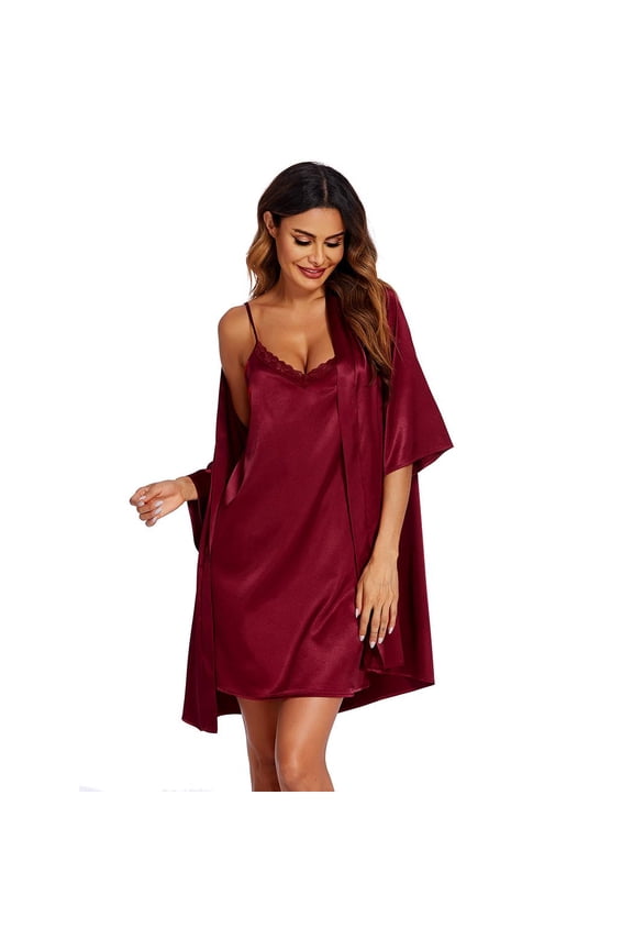 Women's Satin Robe Set Lace Sexy Lingerie Robe Wedding Nightgown 2pcs Cami Bride Party Silk Pajamas Set