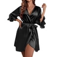 thumbnail image 1 of Ekouaer Women Satin Kimono Robe Valentines Lingerie Ruffle Belted 3/4 Sleeve Bathrobe for Bridesmaids, Wedding & Special Occasions, 1 of 6